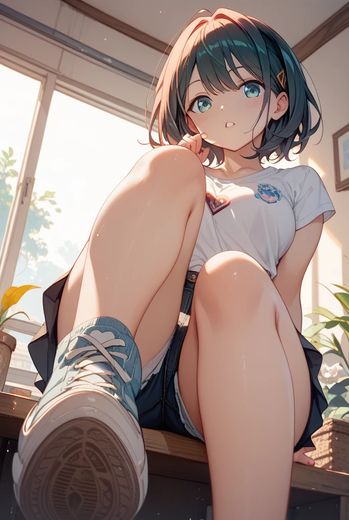 (masterpiece, best quality:1.2), solo, a cute lady, smile, white T shirt and denim pants, sitting on the table, sit with legs apart, one knee up, Generated in SFW, ARW