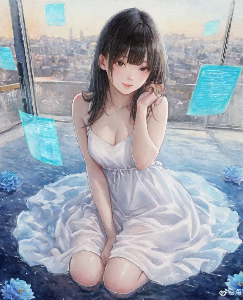 1 girl, solo, Wrap your hands around your chest, (full body:1.5), (Hair covers the chest and lower body:1.5), (topless:1.2),abyssal, dark blue hair, curly hair, ribbon, closed eyes, parted lips, expressionless, curtained hair, hair over shoulder, Romanticism, god rays, vignetting,panorama, underwater shot, emphasis lines, vanishing point, from below, (masterpiece), anatomically correct, (super detail), high details, high quality, (best quality), 8k