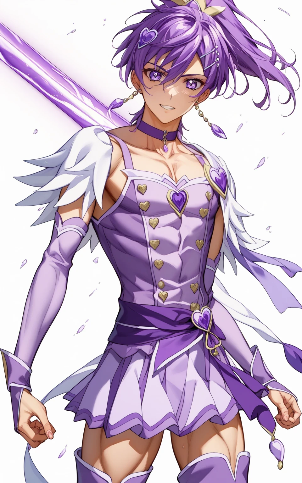 score 9 、score 8 up、score 7 up、source anime、masterpiece、Highest Quality、high resolution、anime coloring、1boy、cure sword、(male:1.olo、boy in purple dress、 Boy with short purple hair、With Sparkling Purple Eyes 、high short ponytail hair、spade shape hair ornament、solo、 Prince of Amethysts 、Anime Prince 、 purple miniskirt、collarbone、trapezius、 purple arm warmers、purple detached sleeves、purple waist bow、Bare Thighs、thigh muscles、semitendinosus muscles、covered hamstrings、covered adductor magnus muscles、purple thigh high boots、Official Character Art、style of Magic Boy、masculinization、Magic Boy、 Official Fanart、 !!Full Body Portrait!!、 Magic Boyのスタイル、 hymn to the king as prince 、 MLP fan art 、cure sword outfit、Detailed Fanart、 Magical Aura、 high resolution、 commission for high resolution 壁紙!、boy in purple dress、boy in purple boots、素敵なドレスを着た Anime Boy 、(manly:1.6)、Official Art、 Anime Boy 、 male focus、looking at viewer、solo focus、cowboy shot、(male body:1.6)、