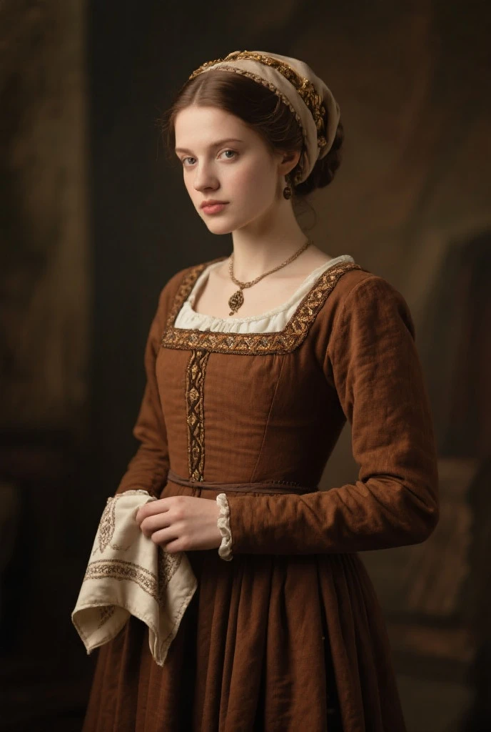 England, 1337. A young ((((20-year-old)) Caris Wooler)), attractive, expressive eyes, staring at a disaster in ((horror)), accident, tragedy, standing by the river, ((shock, alarmed expression)). ((((clothings from the 1300s, gown)))), ((light chestnut hairstyle of the 1300s))