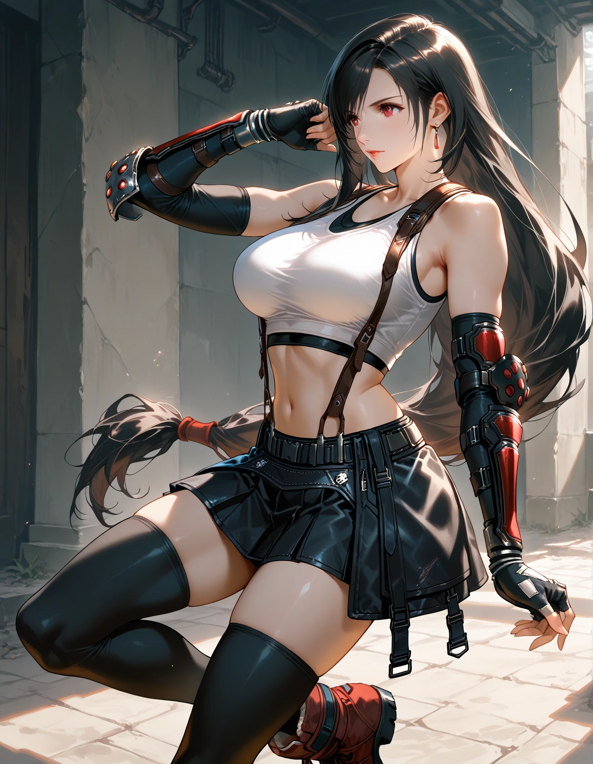 7rtif, red eyes, black hair, low-tied long hair, earrings, sports bra, black suspenders, pleated miniskirt, black thighhighs, arm guards, elbow gloves, fingerless gloves, red boots, tifa, long hair, black hair, 1girl,High quality, insanely detailed, beautiful, masterpiece , best quality , amazing quality , very aesthetic , intricate details ,