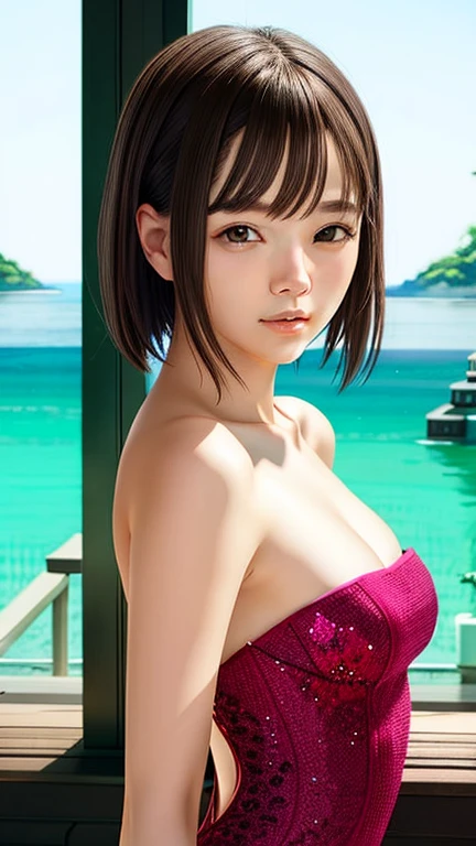 (Best quality, 8k, 32k, Masterpiece, UHD:1.2),Photo of Pretty Japanese woman,black short hair,beauty face,(leaning forward:1.3),squatting,(from above:1.2),(close up:1.4),pov,loose t-shirt,large breasts,(beautiful nipple slip:0.9),outdoors,windy,shiny skin,blurry background,