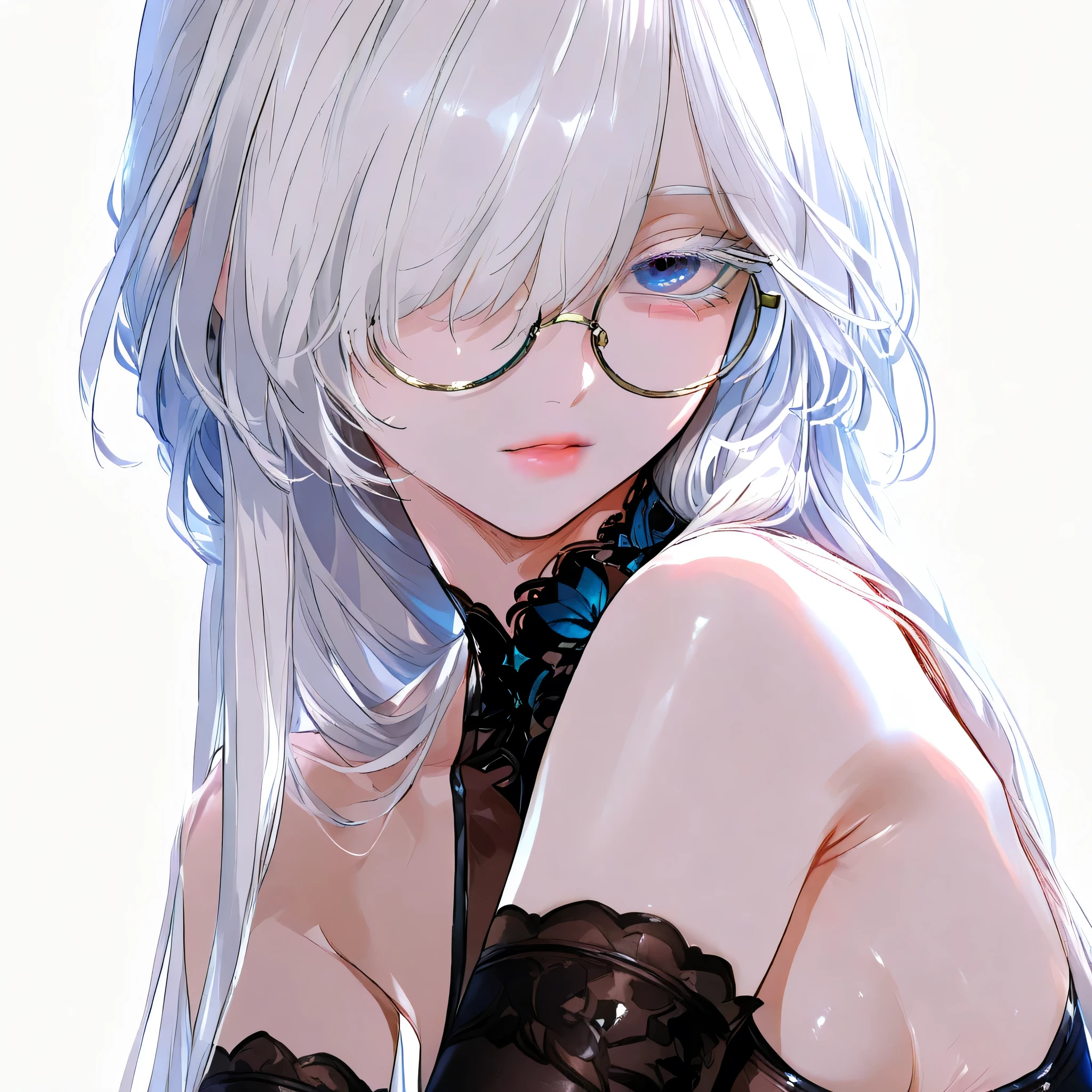 solo , single , 1girl, single , young girl , round glasses , very long hair , blue eyes , White hair , empty gaze , bangs, long hair, hair over one eye, Small Breasts , looking at viewer, colored eyelashes, eyelashes, long eyelashes , sideboob , simple leotard , photo in front , leotard on neck , albino, black leotard, bare shoulders ,Close up face , smlie , beautiful blue eyes , eye focus , black gloves , sexy lips, Sleeveless, arm sleeves,white background ,usnr, 748cmstyle