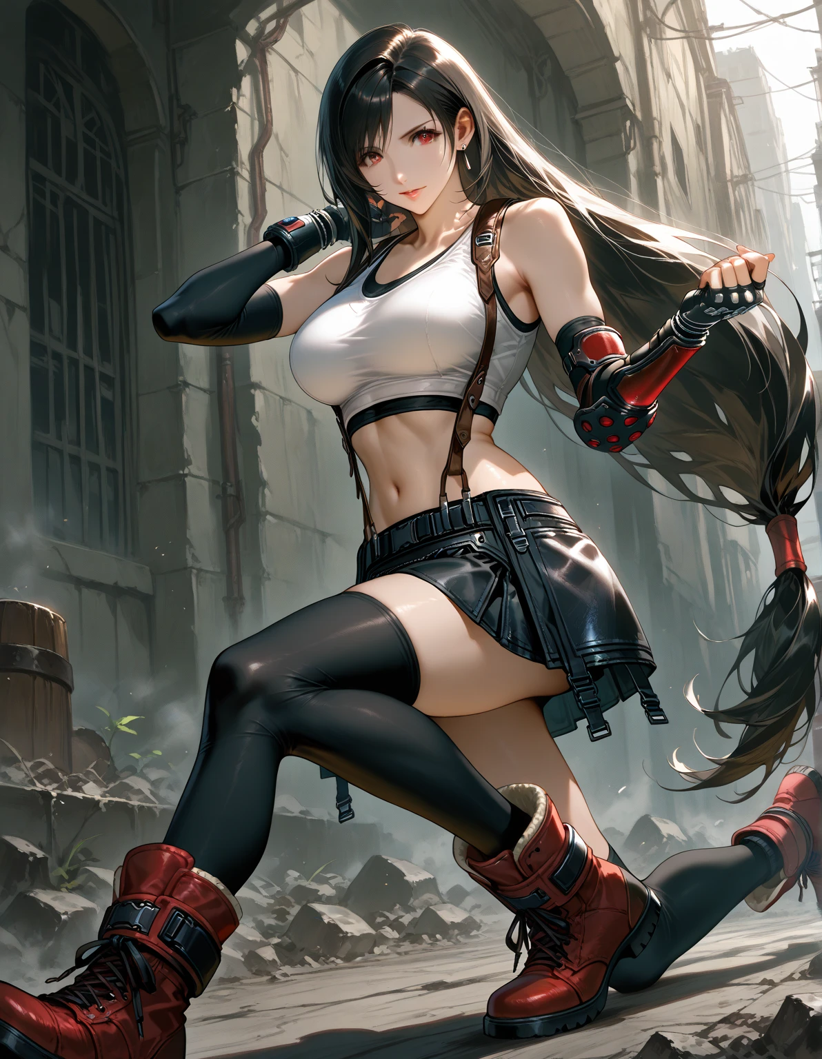 7rtif, red eyes, black hair, low-tied long hair, earrings, sports bra, black suspenders, pleated miniskirt, black thighhighs, arm guards, elbow gloves, fingerless gloves, red boots, tifa, long hair, black hair, 1girl,High quality, insanely detailed, beautiful, masterpiece , best quality , amazing quality , very aesthetic , intricate details ,