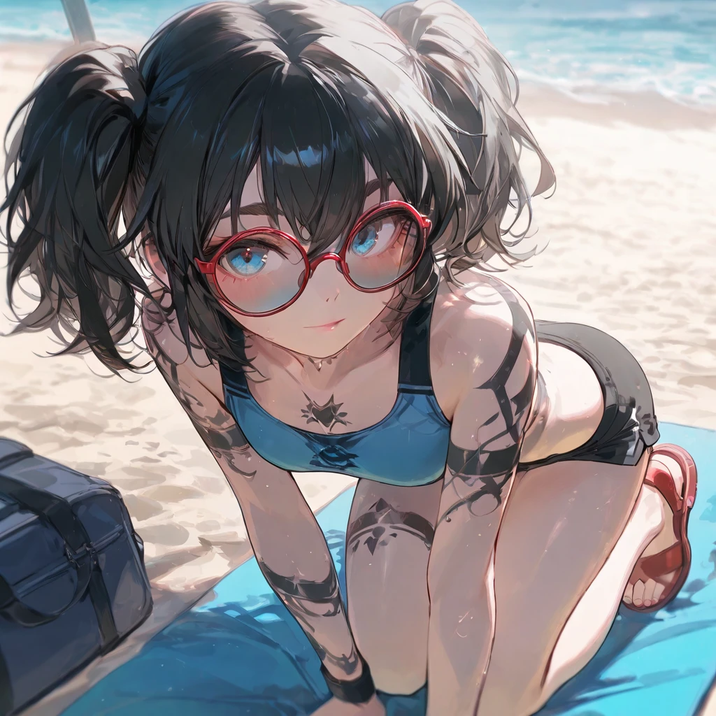 Masterpiece, Best Quality, 1girl, Japan Girl, two-piece swimsuit, hug, cute face in round glasses