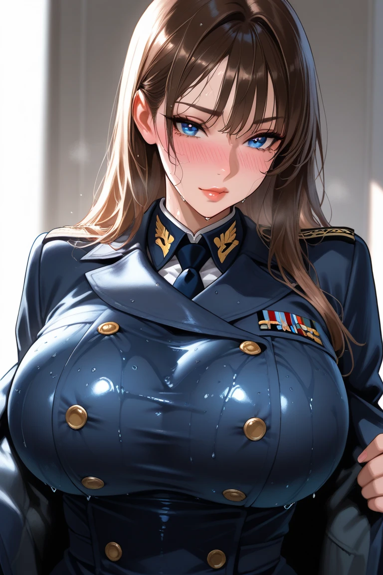 Hot sexy beautiful one women military officer commanding soldier on battlefield, long silver chandelier earrings,big breasts, ,grey hair , hair bun,blush,blue eyes, smiling,red lipstick, military sergeant uniform ,deep cleavage