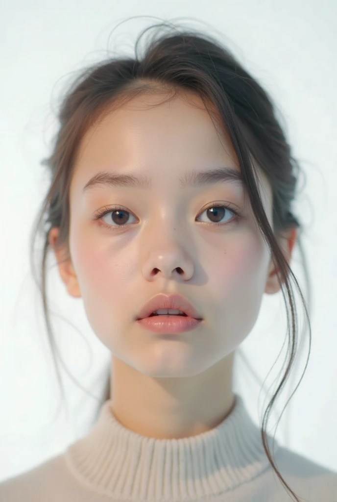(Face close-up:1.21), (close mouth:1.21), (highest quality:1.4), 32K resolution, (Realistic:1.5), (Ultra-realistic:1.5), High resolution UHD, (masterpiece:1.2)), (Improvement of quality:1.4), (Very beautiful facial details), (Highest quality realistic skin texture:1.4), 1. woman, Supermodel, 27 years old, Perfect Anatomy:1.37, 1girl, black dress, random seductive posing, horny expression, white background, perfect skin, perfect face, 4K, high resolution, Very detailed, (turquoise eyes), Symmetrical eyes, Thin lashes, Sharpen your eyebrows, ((A great eye for quality:1.2)), (Long eyeliner), (Pink lipstick:0.8), (Detailed nose:1.2), Perfect composition, (tired, Sleepy and satisfied:0.0), (Beautiful Lips:1.33), (Great nose:1.2), (Flat Chest), (Slim lower body), (ponytail hair:1.37), (Black Hair:1.21), Let your bangs hang long, ((Realistic)), ((Sharp focus)), (Highest Resolution), dramatic cinematographic lighting,