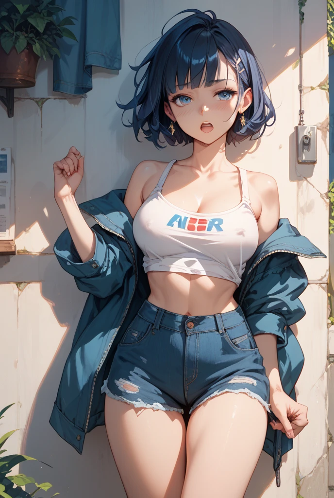 (masterpiece, best quality, absurdres, very detailed eyes), 1girl, solo, solofocus, cyan hair, short hair, red eyes, bangs, closeup, teenager, cyberpunk, 20 year old ? 1girl 6745018? 275434? bare shoulders 996694? 1648605? black shorts 95708? 1992783? blush 3447542? bra strap 6905? 4307332? camisole 38307? chair 91505? 10007? cleavage 1147127? collarbone 792451? dolphin shorts 5837? drawstring 21208? indoors 397820? 1948972? looking at viewer 3391777? open mouth 2541906? short hair 2352573? short shorts 141846? shorts 433025? smile 2926780? standing 960653? 161109? 503065? thighs 796291? 134323? white camisole 7371