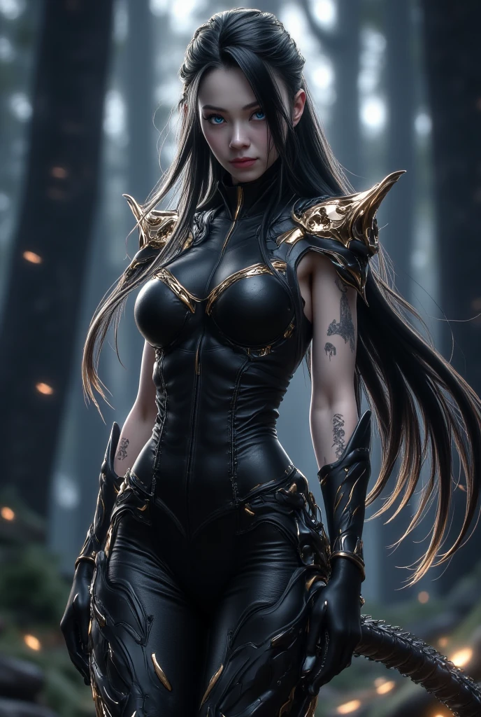 Battle Angel Alita, big black wings, in a Bamboo forest, mystical background, dreamlike atmosphere, enchanting aura, realistic rendering, elegant posture, cyberpunk