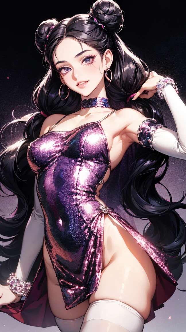 (highest quality:1.2, Very detailed, up to date, Vibrant, Ultra-high resolution, High Contrast, masterpiece:1.2, highest quality, Best aesthetics), Portraiture、girl、((25-years-old:1)), black Hourglass line dress, Bright colors、Beautiful fine details、Beautiful lip detail, long hair、black and purple ((streaked hair:1.6)), highlights hair: 1.5, brown eyes, gold earrings, ((slim body:1.4)), (small breast:0.7), (dark skin:0.5)), standing, Front facing, (No background:1.4), ((Plain white background:1.3)), (cowboy shot:1.5), look at viewer