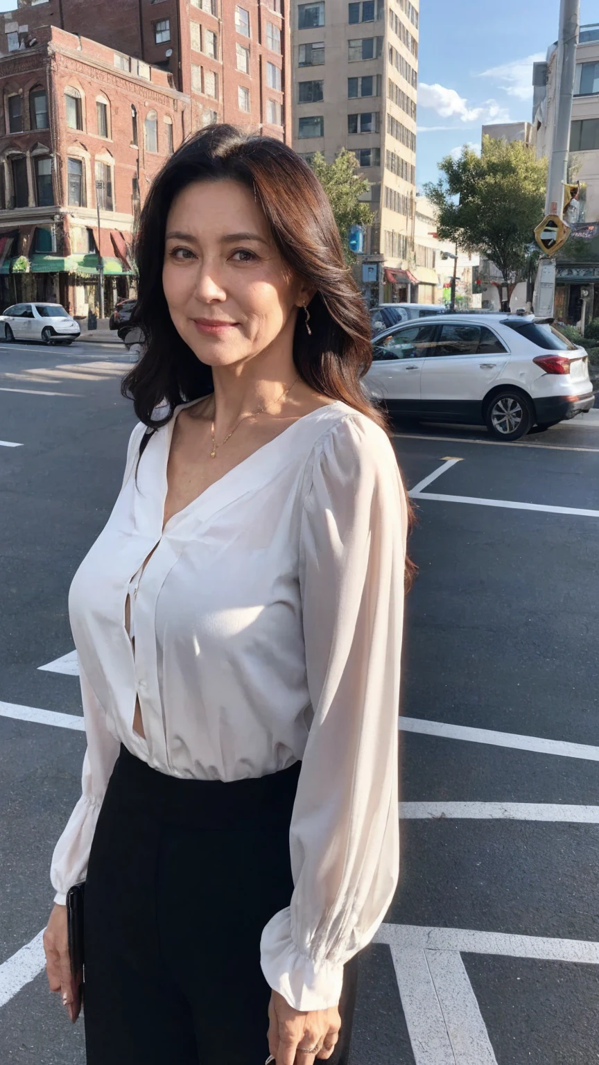 Draw lips correctly, red lipstick, from chest up, best quality, Super detailed, lifelike, Super fine skin, perfect anatomy, (1 日本Mature的女人), (alone),Wearing a gray round neck dress,short sleeve,wavy long hair,37-year-old female,Mature,charming smile,garden background,stand,Slightly fat,medium chest,The nipple is not visible,full-body shot。