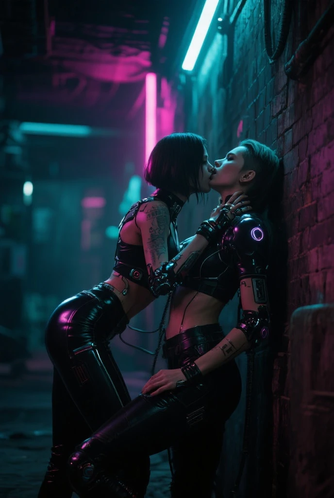 (Detailed illustrations, Very detailed and detailed drawing, Delicate lines with slow and rapid, Realistic texture expression), Two women with long blond hair, ponytail, (((passionate kissing))), kiss, (((eyes closed))), (((closed eyes))), erotic, (((one girl is touching the other sensually and grabbing her crotch))), ((intimate)), ((hand in pants)), ((empty playground background with neon lights)), CyberpunkAI, punk, (((very skinny figure, very thin waist, very narrow hips, very slim legs, large breast, athletic body))), pale skin, (((sleek ultra low rise shiny and ultra glossy leather pants or skirt))), ((navel piercing)), strong abs, white tank top, latex bustier, ((black leather collar)), ((exposed thong)), (sleek small short sleeve leather jacket), ((multiple belts and leather straps))