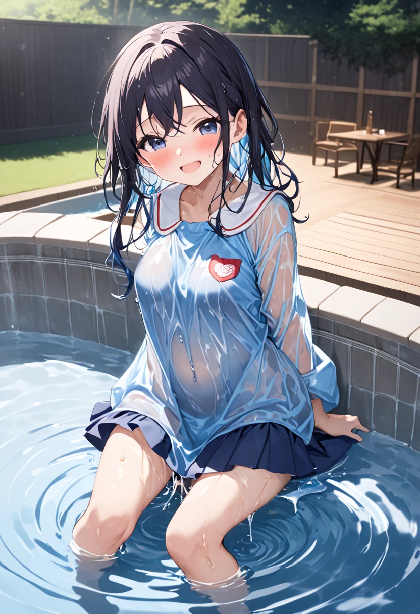 Cornflower art, dreamy, (masterpiece, top quality, perfect anatomy, beautiful face, realistic, super detailed, 1 girl, 18 ears senile, solo, depth of field, canon 24mm lens, f1.4, cute_girl, sailor_ collar, clear facial features, short sleeves, small breasts, slender stature, height 170, barefoot, double ponytail, bangs, gravure pose, outdoor, jungle, Blurred background, (Uwabaki: 1.1576)) Drenched all over, clear liquid dripping from the crotch, the front of the shirt is exposed, the breasts are visible, transparent bra, light blue striped buns, nrfw