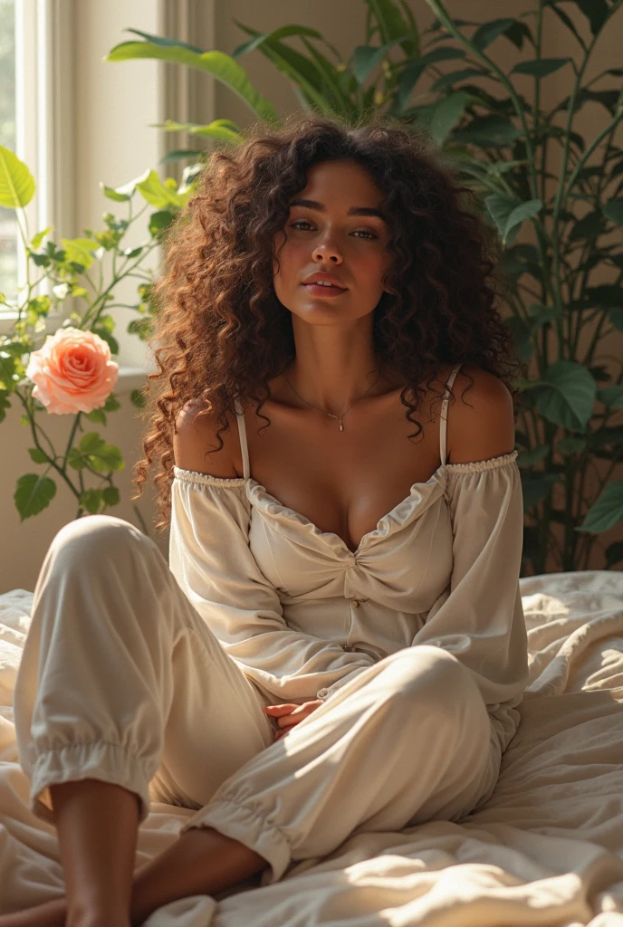 (photorealism:1.2), beautiful woman, sitting on bed, wearing loose off-shoulder top, pajama pants, long curly hair, indoors, soft lighting, plants in background, window with sunlight, cozy room, relaxed pose, realistic, intricate details, warm colors, by Greg Rutkowski, by Alphonse Mucha