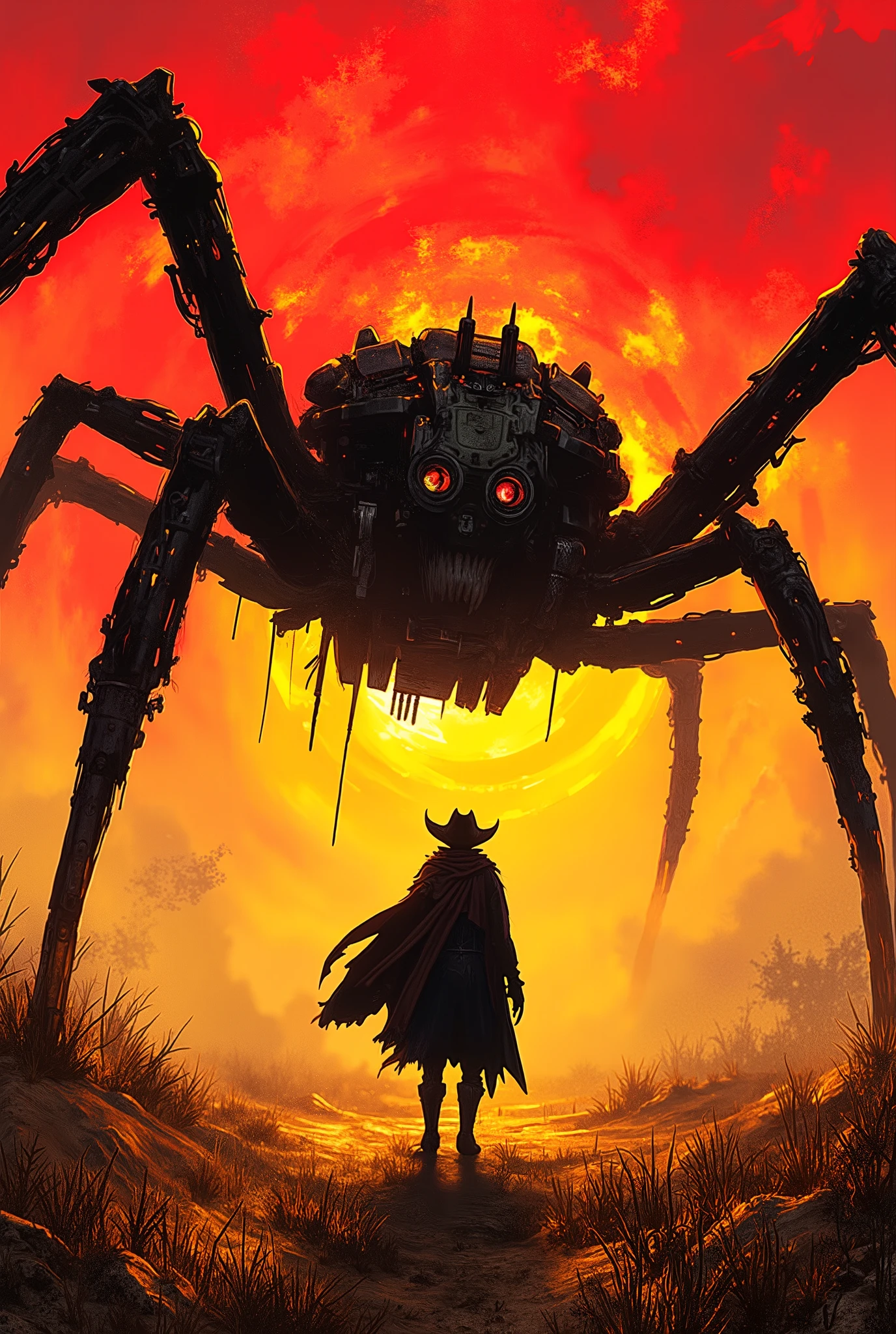 Spider-shaped Military Giant Weapon Running Through the Wilderness、Rising Dust、Sunset、Cowboy Gunman Confronting、steampunkと西部劇の融合、Dream Match、realistic,high quality,8K,ULTRA PRECISION,Physically Based Depiction,professional ,vivid color,Bokeh,Mechanical,with Defense System, armed ,Of steel,In the sandstorm ,Desolate,Dream Match,Cowhide Cowboy,Decisive Standing,Red and Gold Sunset,steampunk,gothic,Dark Fantasy