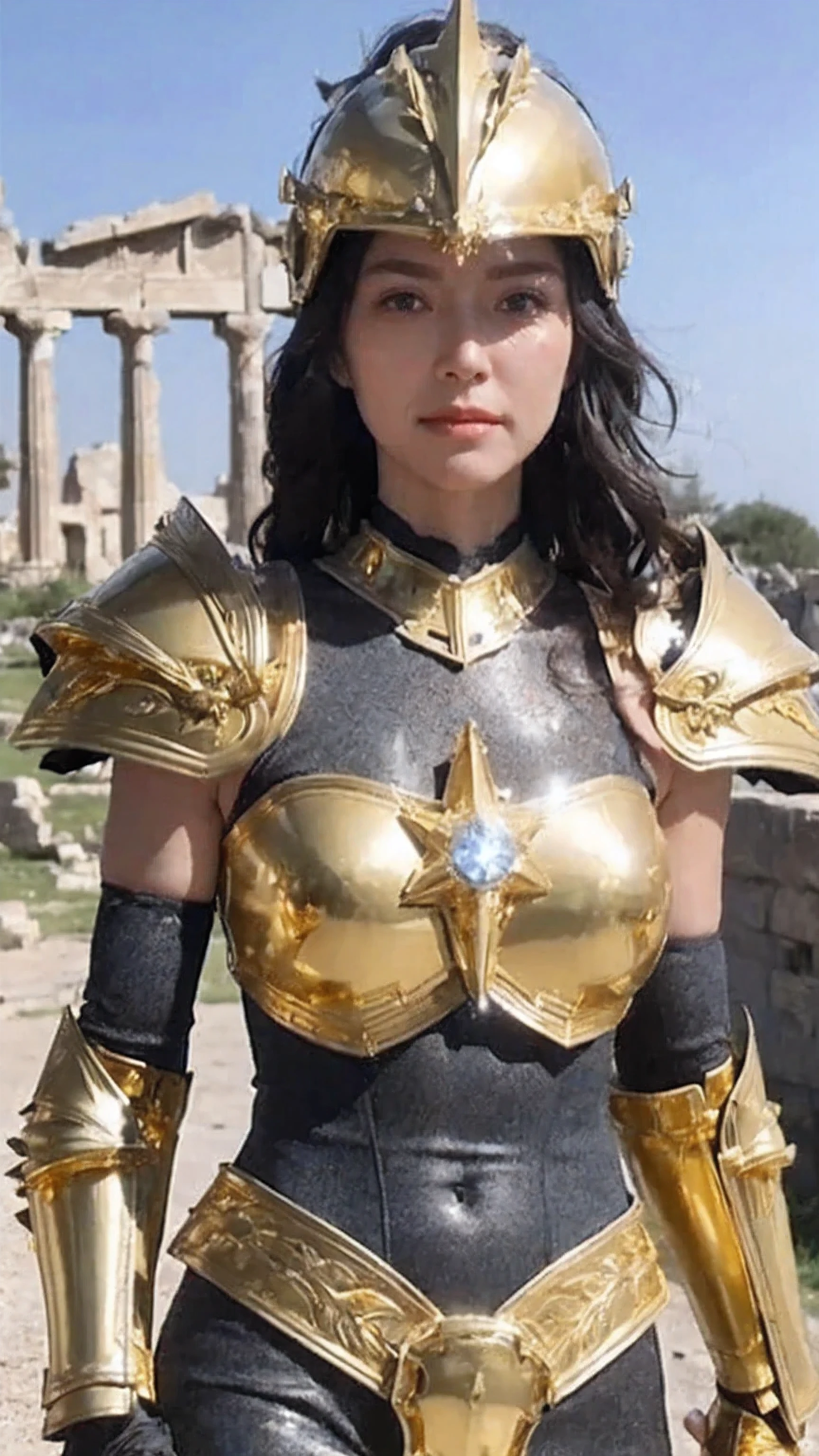 (( Female 1 ))) beautiful 女性, with cutting edge details Ultra realistic photography with cutting edge details, Greek ruins in the background. Shiny metal armor, Saint Seiya Armor, (((Cancer Armor))), beautiful, blue eyes, tanned skin, Every Little Detail , beautiful face with details, walking at the ancient Greece , ancient Greece , Ultra High Definition , 8k, Milky Way, night sky, ((Gold , Skin dentation )), sexy armor , ( crosses arms),(The hair sticking out of the golden helmet is light gray),(Spike Shoulder Armor )