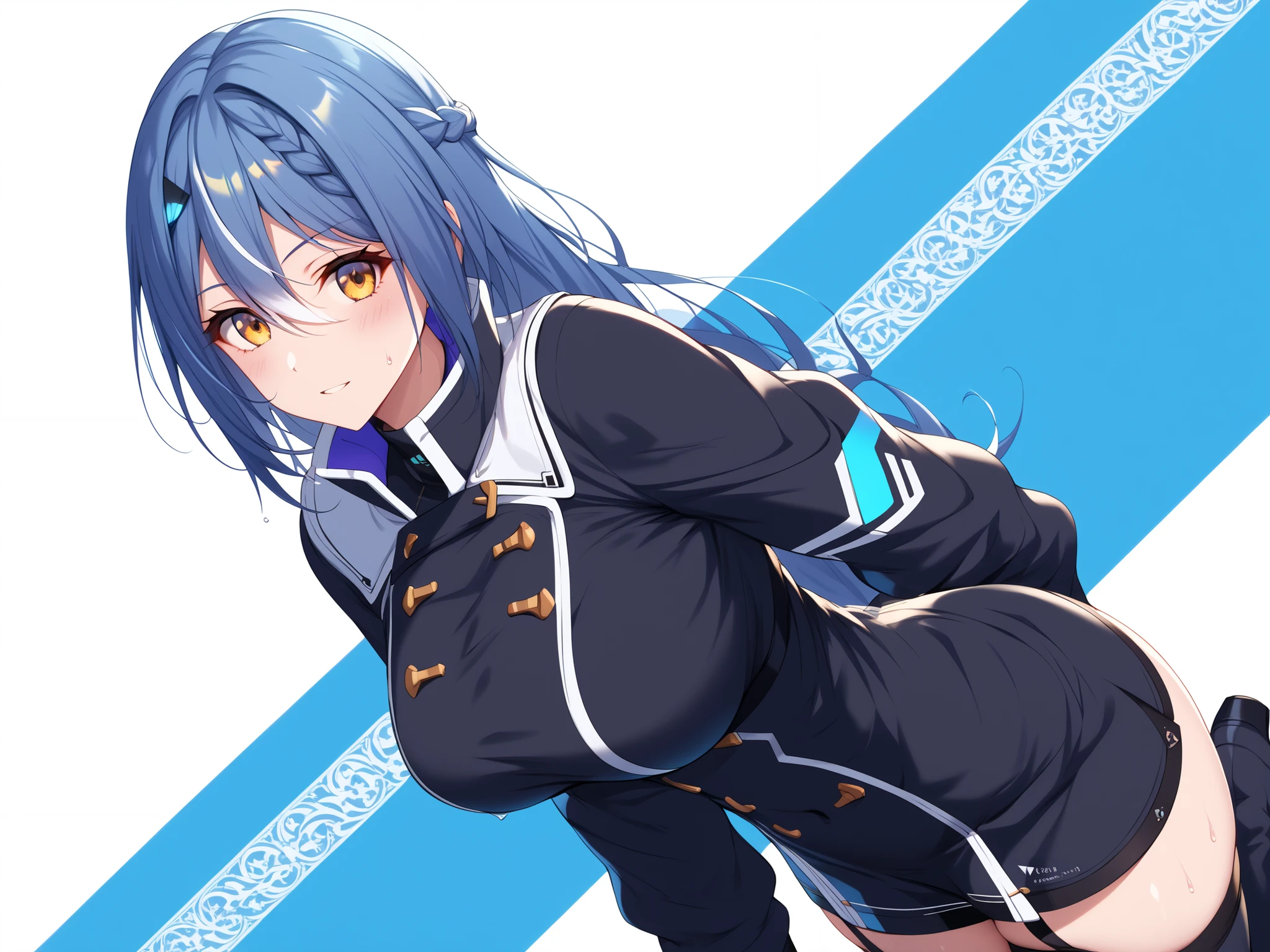 master piece、Best Quality,Super detailed,High resolution,Extremely detailed CG,Unity 8K Wallpaper,weat,score_9, score_8_up, score_7_up, score_6_up, score_5_up, score_4_up, Etra, blue hair, long hair, yellow eyes, white streaked hair, braid, hairclip,Vt_2nd,short dress, black dress, long sleeves, garter straps, thigh boots, black footwear, high collar, ,, mature female,thick thighs,wide hips,very sweaty,bed room,large breasts,curvy figure,,