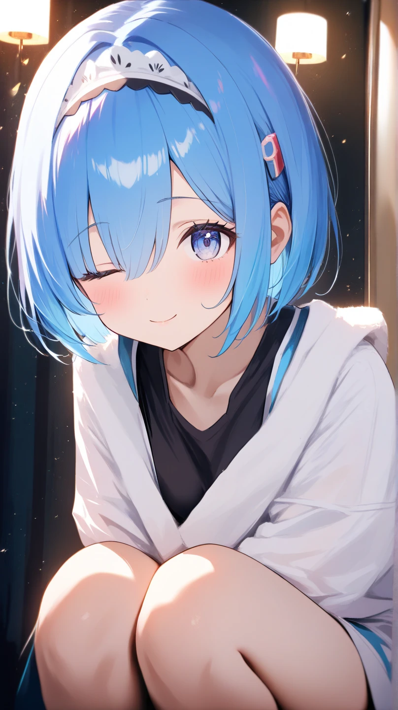 (masterpiece:1.3), (best quality:1.3), high resolution,
couboy shot,
leaning forward, body facing forward,
(one cute girl:1.3), solo,
white skin, small Breast, eight-headed person,
light blue hair, (short hair:1.1), ponytail, (blunt bangs:1.2), beautiful hair, blue eyes, beautiful detailed eyes,
heart, cheerful smile,
hoodie with an open chest, nude, earrings,
indoors, white room, bed,
shadowlighting,
