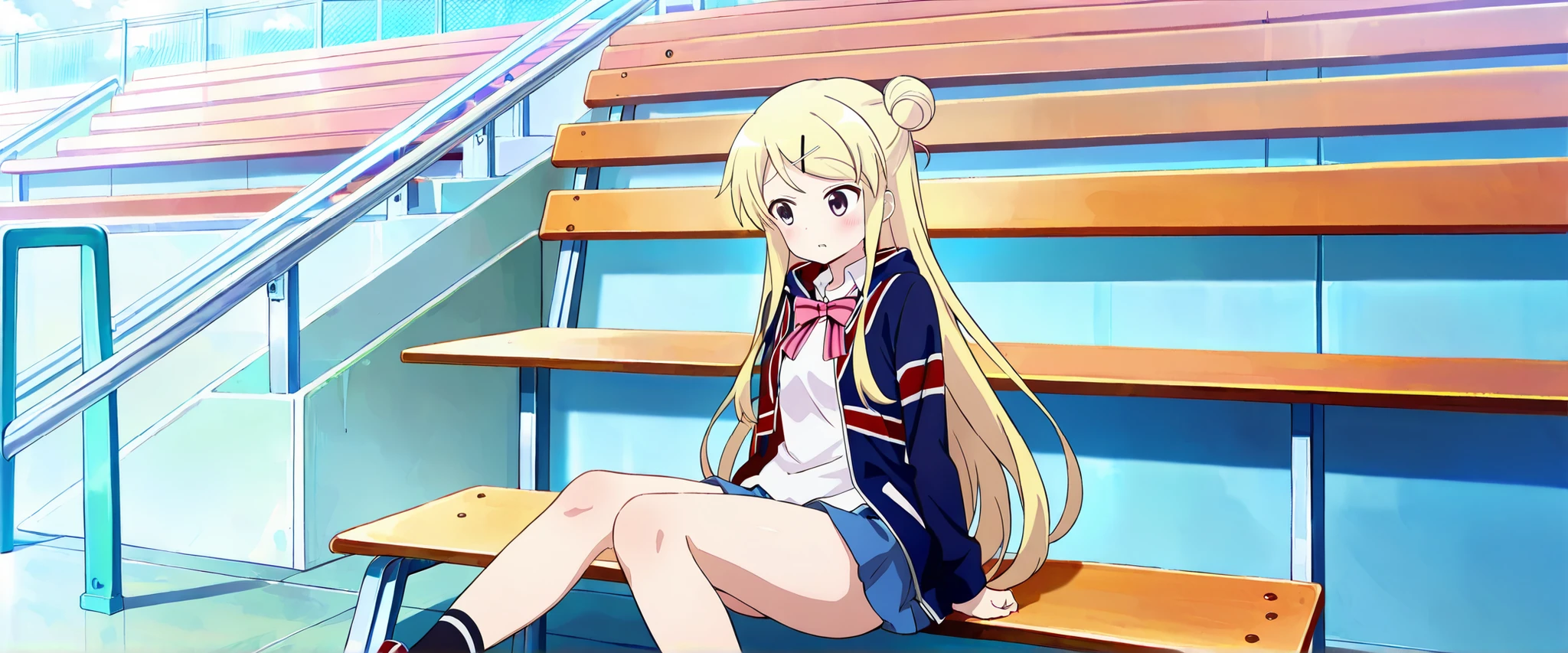1girl,unwellness(autonomic nervous system disorder and depression) thick thighs Kujou Karen very long hair,blonde hair,single hair bun,hairclip,x hair ornament,sidelocks,side swept bangs,black eyes,white shirt,collared shirt,union jacket,pink bowtie,neck ribbon,pink ribbon,long sleeves,small breasts,miniskirt,blue skirt,black socks,red footwear, sitting alone on the school bleachers
koutei,scenery,outdoors