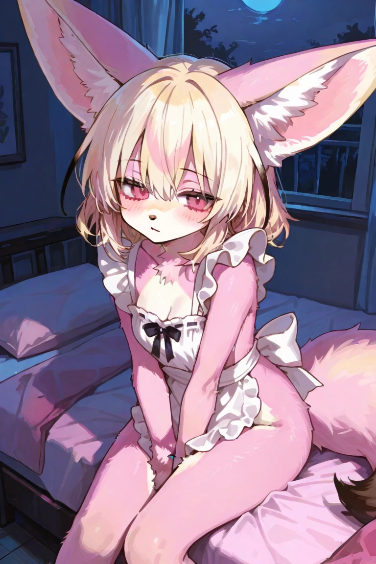 I have white pink hair, cat ears, a bun, my face is super blushing, black glasses, pink heart eyes, and if you could, in lingerie, black stockings, a cat's tail, a very shy girl, that you are lying on your bed how suspicious it is very small