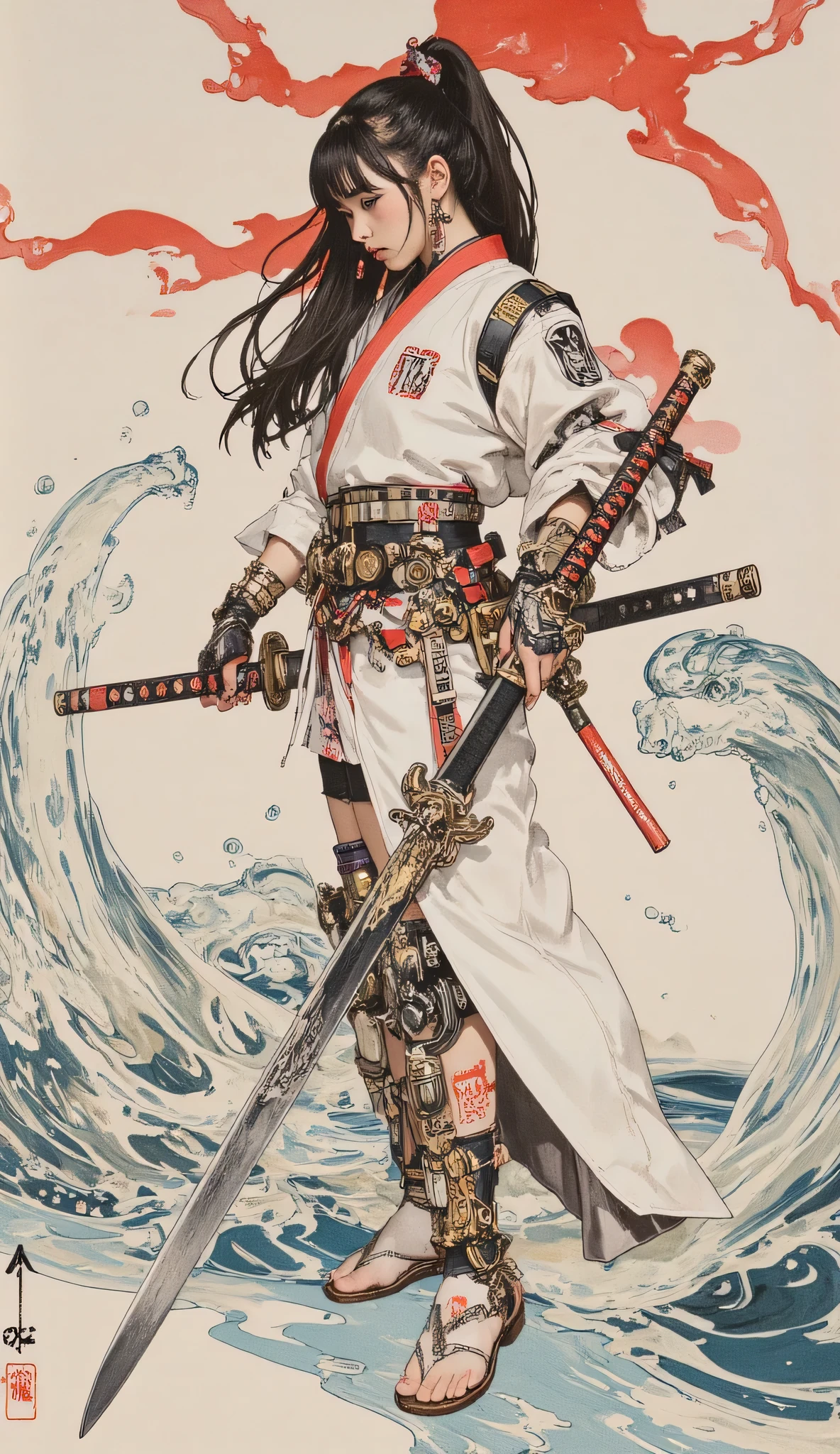 Cyberpunk Style Female Swordsman just before slashing at viewers with a huge Japanese sword、Sword with Beautiful Ripples、Wild Dancing Sword、Higo Mamoru、Create a Very Old Picture, Sword with Beautiful Ripples、beautiful girl、ponytail, Inspired by Utagawa Kuniyoshi、super detailed painting, Ukiyo-e, Niche art aesthetic ,biomechanics details , Mixing with Cyberpunk Organic Matter , with dynamic compositions, Extremely visionary art ,Focus on Highly Detailed Illustrations of , Detailed steampunk illustrations, Niche , Detailed Cyberpunk 、 pencil drawing、Accurate fingering