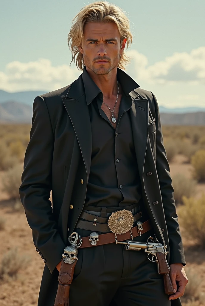 Homem bonito loiro, com asas de anjo, cabelo loiro, leather hat, muito forte, muscular, muito bonito, roupa social de gala , hand shotgun and a celestial sword on the back.