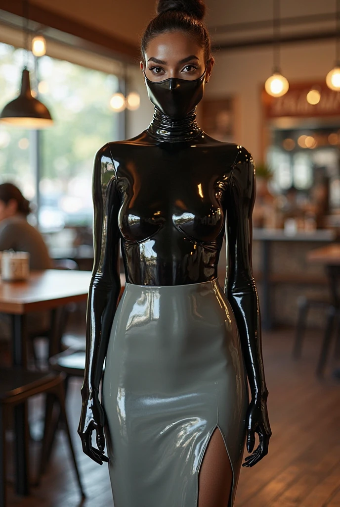 <lora:Rubber_Emily:0.7>, rubber emily, solo, 1girl, red hair, bodysuit, latex, black bodysuit, working at McDonalds, serving fast food, behind the counter
