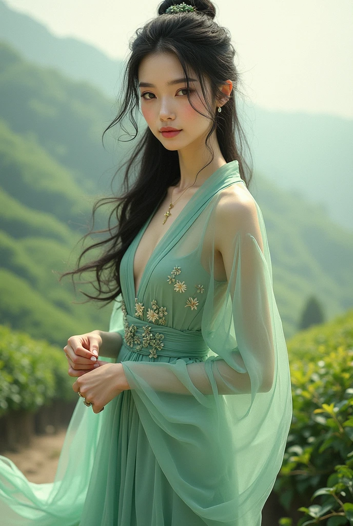 (RAW photo, best quality), (realistic, photo-realistic:1.3), best quality, highly detailed, masterpiece, ultra-detailed, illustration, 1girl, upper_body, dynamic angle, world mastery theater, messy_long_hair,best quality, extremely detailed CG unity 8k wallpaper, ink, amazing, movie lights, lens_flare, dunhuang_style,1 girl, dark green hanfu, a woman, cold, fair skin, sea of flowers, pond, petals floating on water, half immersed in water, dark background, moonlight, hairpins, jade pei, hanfu, Delicate face, jewelry, long hair, earrings, hair strands, dynamic angle, looking down from above --auto --s2