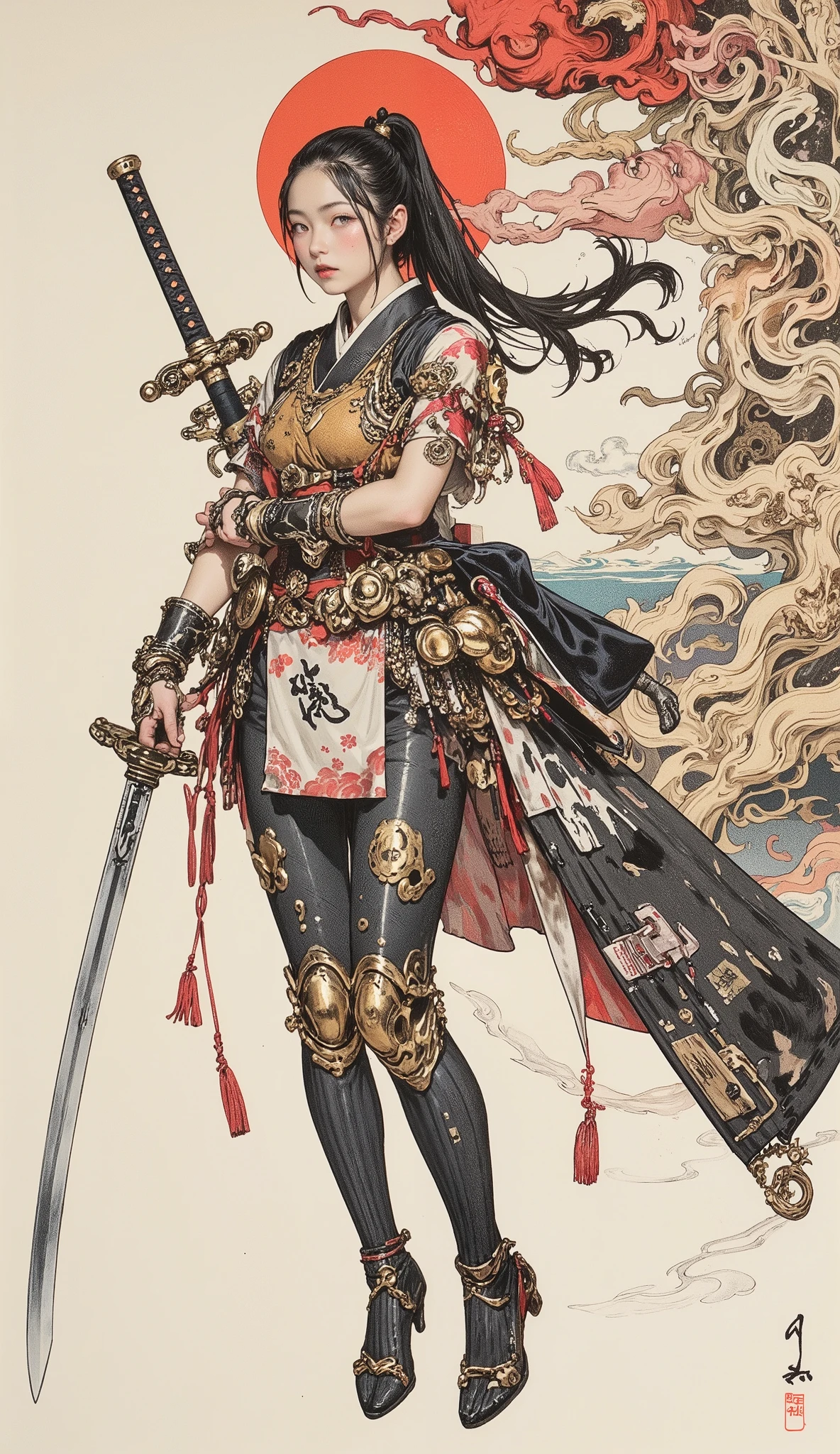 Cyberpunk Style Female Swordsman just before slashing at viewers with a huge Japanese sword、Sword with Beautiful Ripples、Wild Dancing Sword、Higo Mamoru、Create a Very Old Picture, Sword with Beautiful Ripples、beautiful girl、ponytail, Inspired by Utagawa Kuniyoshi、super detailed painting, Ukiyo-e, Niche art aesthetic ,biomechanics details , Mixing with Cyberpunk Organic Matter , with dynamic compositions, Extremely visionary art ,Focus on Highly Detailed Illustrations of , Detailed steampunk illustrations, Niche , Detailed Cyberpunk 、 pencil drawing、Accurate fingering