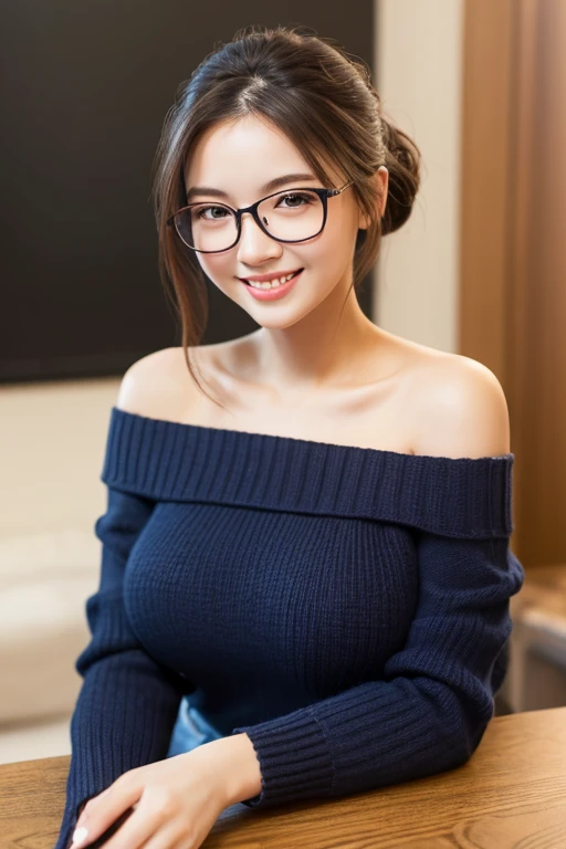 cute Asian girl, around 18 years old, knit shirt, with glasses, covering her with her both hands, sexy, big breasts