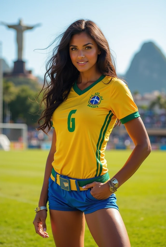 sabsato2023, 1 girl, uhd, 8k, best quality, masterpiece, skin pores, detailed skin, smile, Brazil soccer uniform, yellow and blue, 5 fingers,