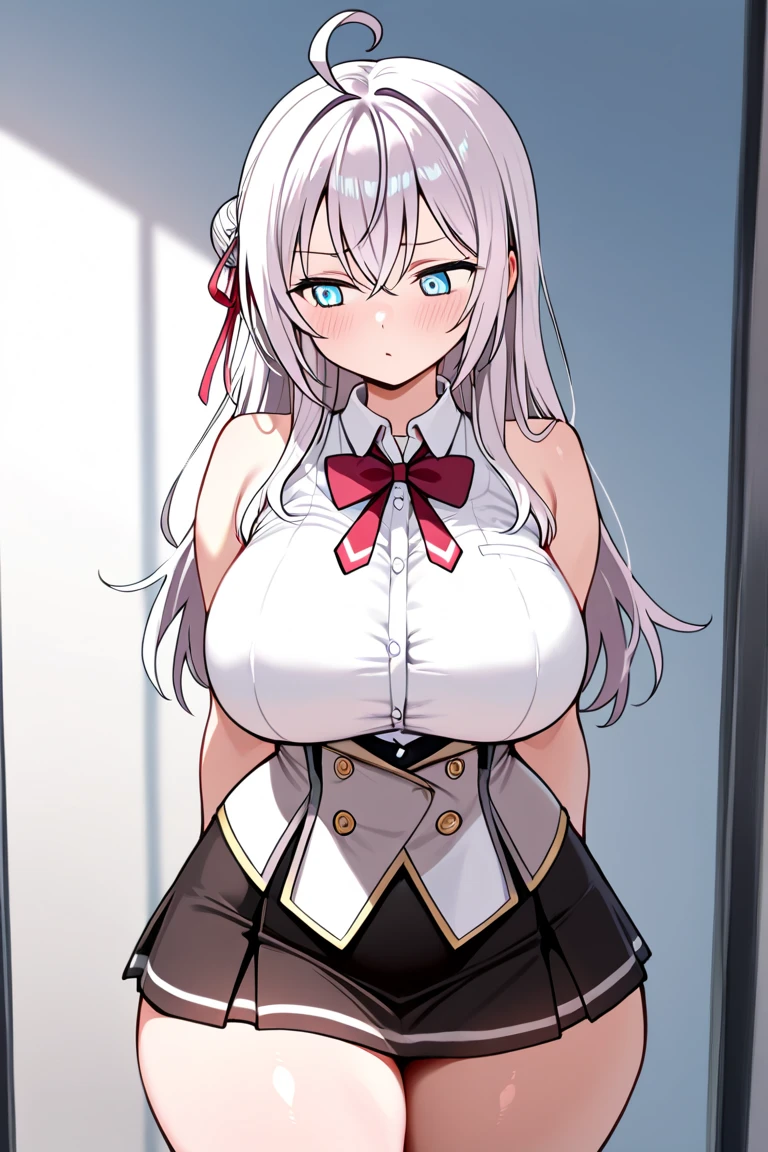 (masterpiece, best quality:1.2),illustration,8k,hd,1girl,solo,upper body,(portrait:1.2),twintails,ribbon,red eyes,white hair,black thighhighs,cape,huge breasts,pink skirt,hat,brown boots,<lora:Koreto-V1:0.7>,