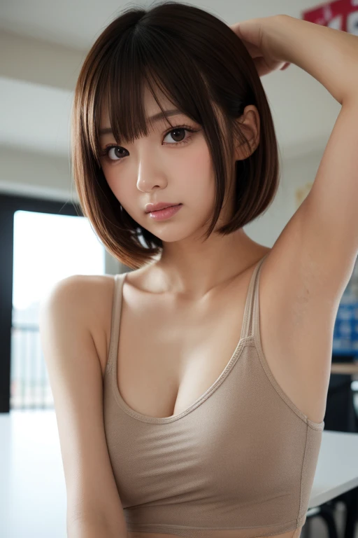 (Ultra-realistic), (figure), (High resolution), (8k), (Very detailed), (Best figure), (Beautiful quality with attention to detail), (Ultra-detailed), (Tabletop), (wallpaper), (Detailed face), Night Up Upper Body,Underarm, cream,short hair,alone, Girl in white tank top, Sweaty, Japanese, Moderate, (Her nipples are clearly visible through her tank top)、(Underarmを見せびらかす:1.5),Wet body, Glowing Skin,Glowing Skin,(The areola is faintly visible:1.2)