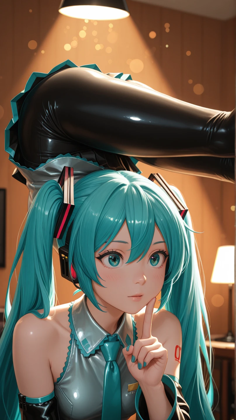 lolstyle, art style, 1girl, solo, long_hair, breasts, smile, large_breasts, cleavage, twintails, very_long_hair, alternate_costume, aqua_hair, bodysuit, headphones, helmet