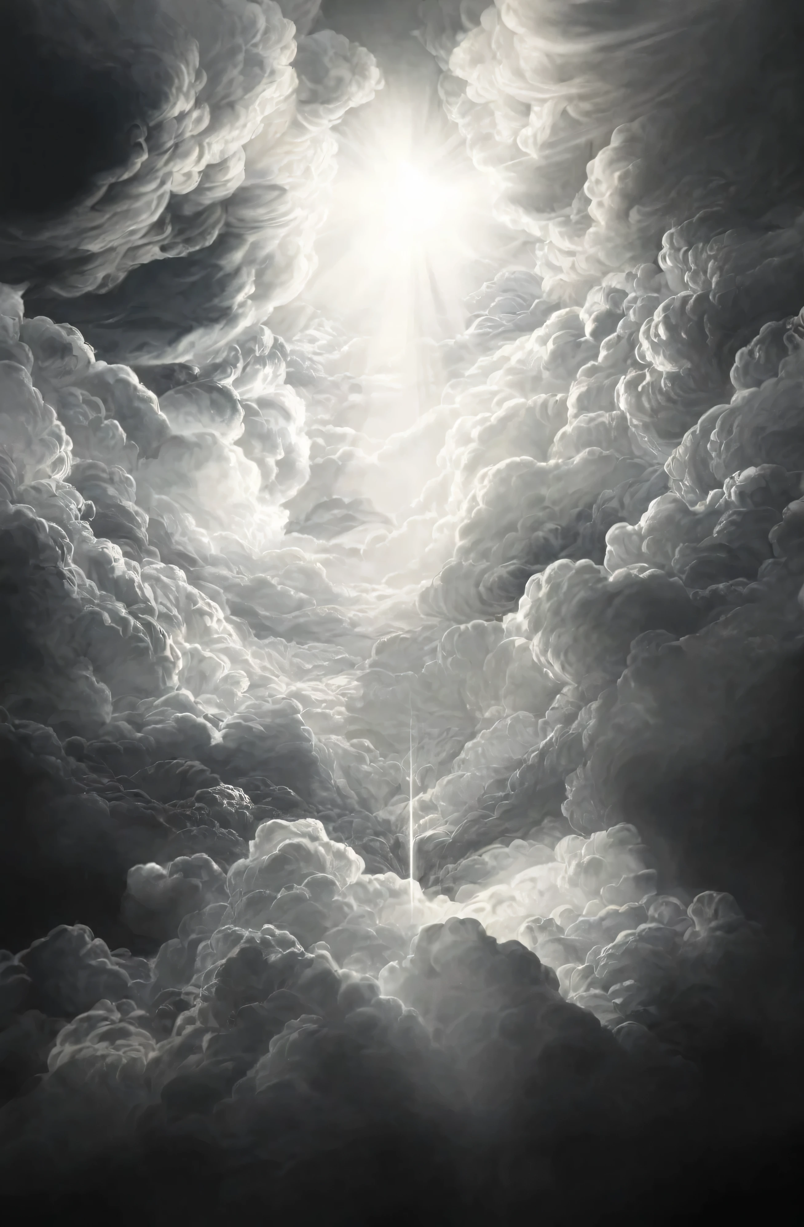 "Highly detailed black and white tattoo design of dramatic, dense storm clouds parting to reveal a radiant beam of light shining from above. Voluminous, swirling clouds with soft highlights and deep shadows, strong contrast, heavenly and majestic atmosphere, intricate linework and shading, realistic yet artistic engraving style, no colors, only black and white."