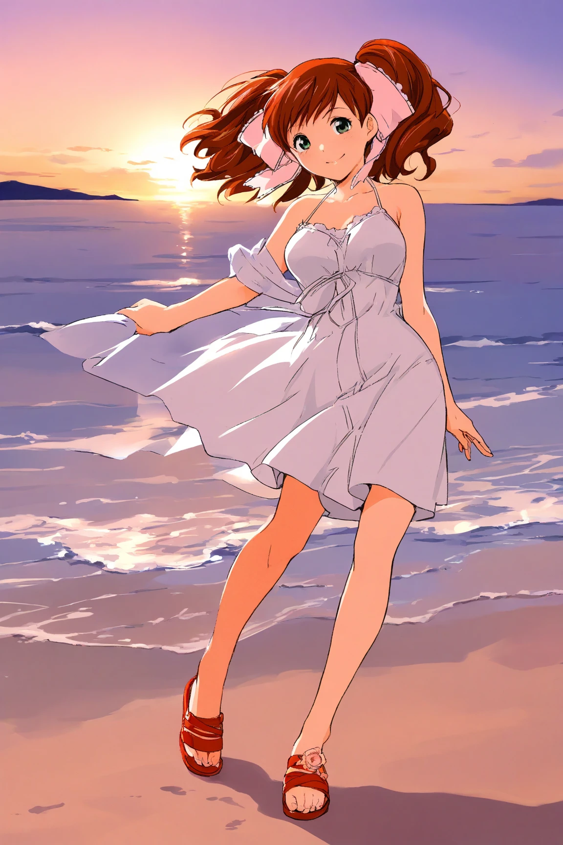 Ochako Uraraka, Summer dress, short yellow dress, lifted dress, right shoulder drop strap, showing right breast, right nipple, wind, white panties, soaked pussy, playa, standing, medium breasts, perfect legs, perfect arms, pose sexy, perfect body, noon, forehead