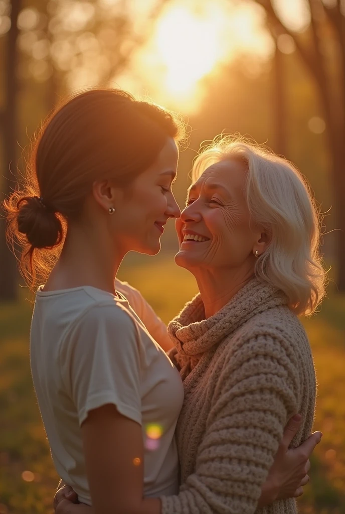Create a photo of a 30 year old young woman, with a slender and beautiful body, wearing a yellow low-cut tank top and jeans, with white and clear skin, with long light brown hair and her back is to the camera as she is lifted high in the air by her arms by an obese black 90 year old lady, dark black skinned, who has short hair, who wears glasses and a blue dress