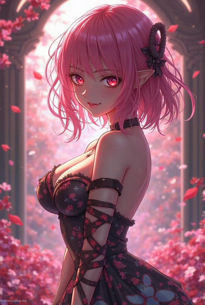 (masutepiece, Best Quality),Pink starry background,Purple Choker,Red Eyes,flower,Blue Mesh Dress,Bare_shoulders,鎖骨,earrings,Jewelry,(flower,fire),hair behind ear,
Sense of depth,4K,absurderes,(From above),Dynamic Angle,