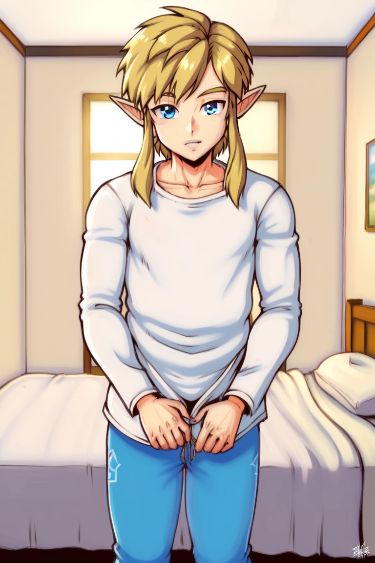 ((Highest quality)), ((Home)), (detailed), Expressive eyes, Perfect Face, short hair, Blonde Boy, my, Link, princess zelda clothes, The Legend of Zelda, ????? lower body , ????? in crotch , squat, Zelda's hair clip , Kind Face , tits, Watery eye , Sticking out tongue ,????????? sticking out of pants