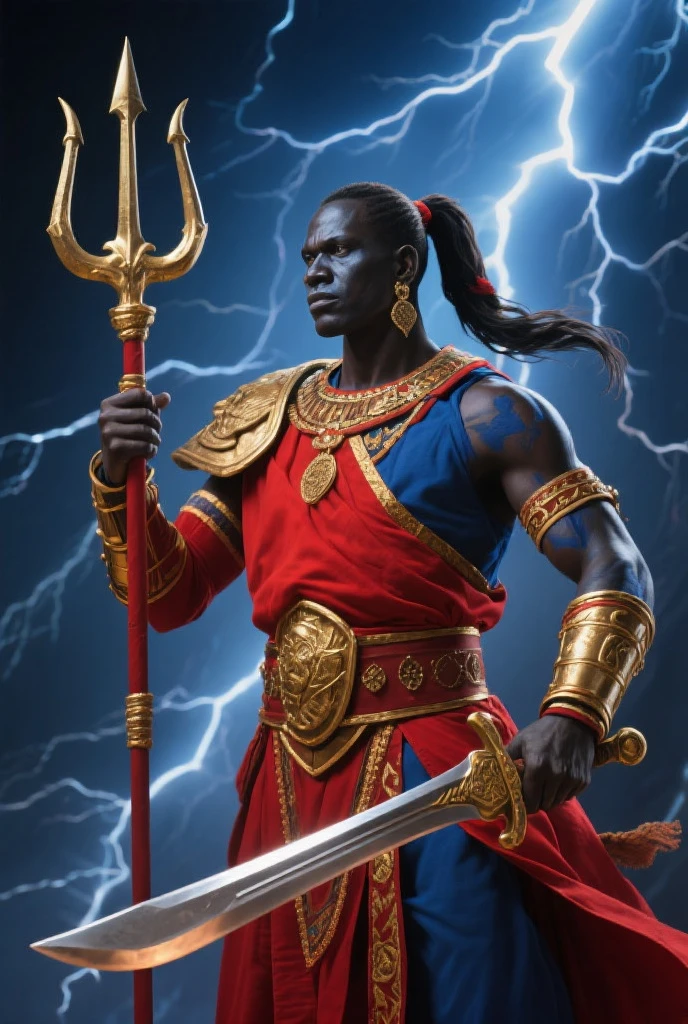 "A powerful and majestic depiction of Xangô, the Yoruba orixá of thunder, lightning, fire, and justice. He is shown as a strong, regal African man, wearing traditional Yoruba attire including a crown and vibrant red and white robes. Xangô is holding a double-headed axe (oxé) symbolizing his power. The background features a stormy sky with lightning bolts, representing his control over thunder and lightning. The scene is dynamic and filled with energy, highlighting his fierce and just nature."