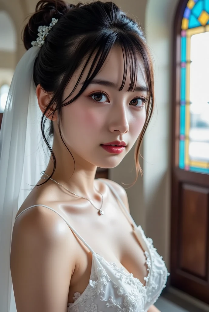 最佳质量，nmasterpiece，UltraHighResolution，（extremely lifelike：1.4），OriginalPhoto，Whitens and delicates skin，simple background，Black eyes，Detail，selfee， 1 cute girl，Sun'rays，seios gigantescos，Bandeau wedding dress，