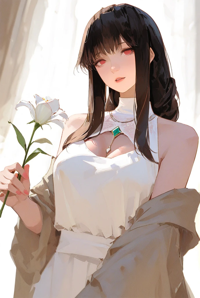(simple background, white background:2.0), ((masterpiece, top quality, high resolution, highly detailed CG unified 8K wallpaper)), (huge stunning goddess shot, very hot and sexy, jaw dropping beauty, perfect proportions, beautiful body, slim body beauty:1.3), (bouquet of red tulips, holding bouquet of red tulips:1.3), 