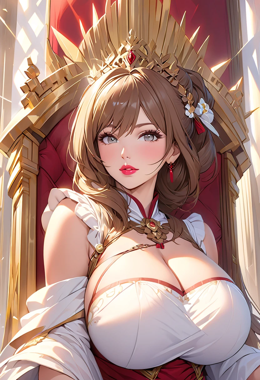 mature female, gigantic breasts, light brown hair, lips, throne, heartbeat, heartmark