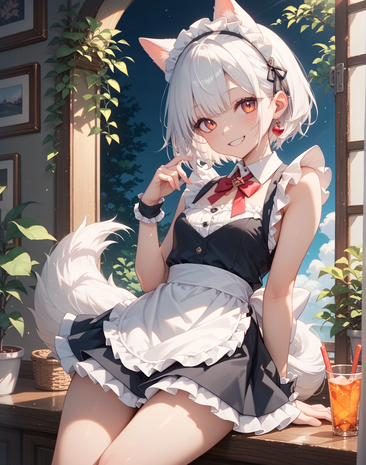 masterpiece, ultra detailed, 4k, beautiful, Cute, mouse girl, white hair, sundress, smug, excited, hands on hips, arrogant, in cage, mouse ears, tail