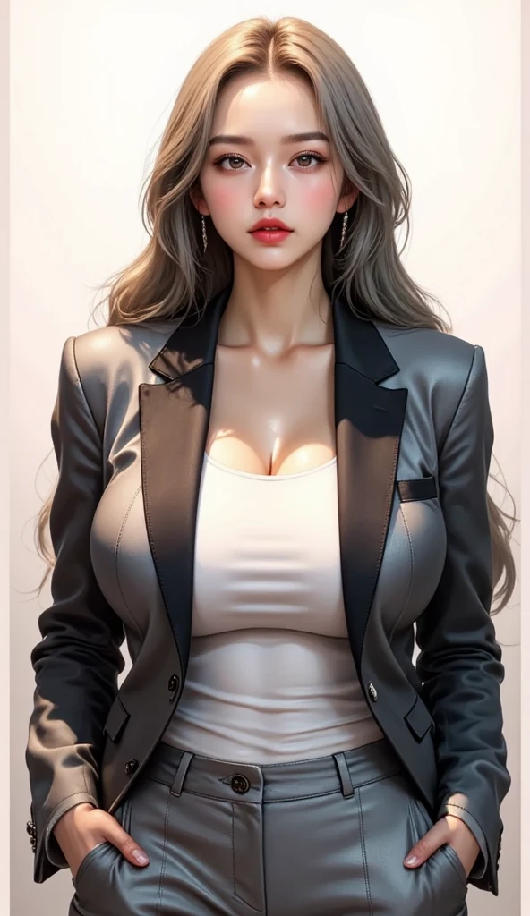 there is a woman in a black suit and a white shirt, by Russell Dongjun Lu, girl in suit, inspired by Yanjun Cheng, girl in a suit, 3 d render character art 8 k, cyberpunk 2 0 y. o model girl, seductive tifa lockhart portrait, by Yang J, 2b, 2 b, by Yanjun Cheng