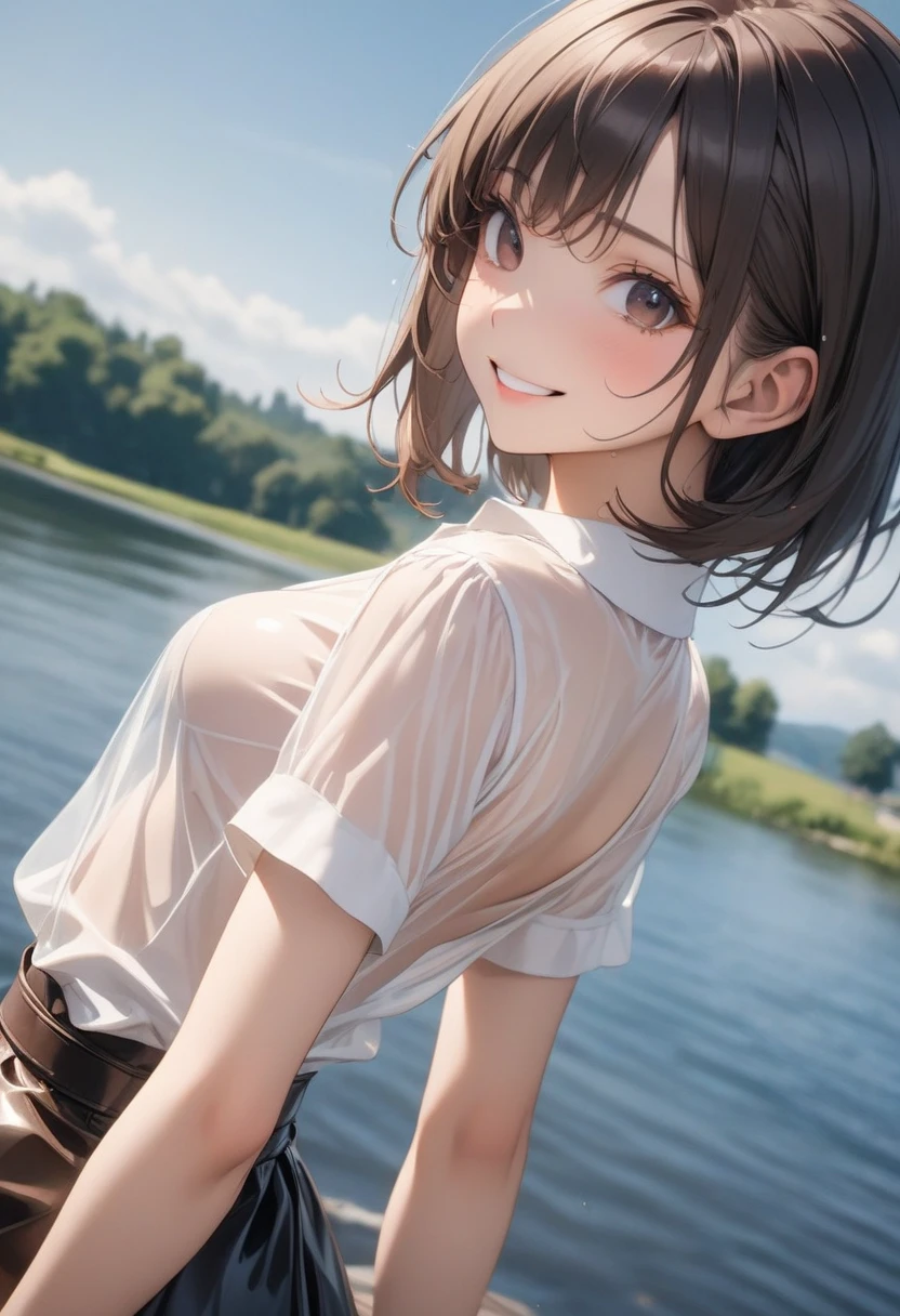 1 girl,  blush, cosmetics, Uniforms, whole body, wide angle, from above, garden,light, glow, thigh , clavicle, Willow Yao, (on the table), wallpaper,wet、Micro underwear that can be seen through clothes、short black hair，Smile，greet，Waving，hairpin，low collar，ditch，(((，pray)))，Under the cherry blossom tree，Heart-shaped neckline，Chest dew，Sweat,大Sweat