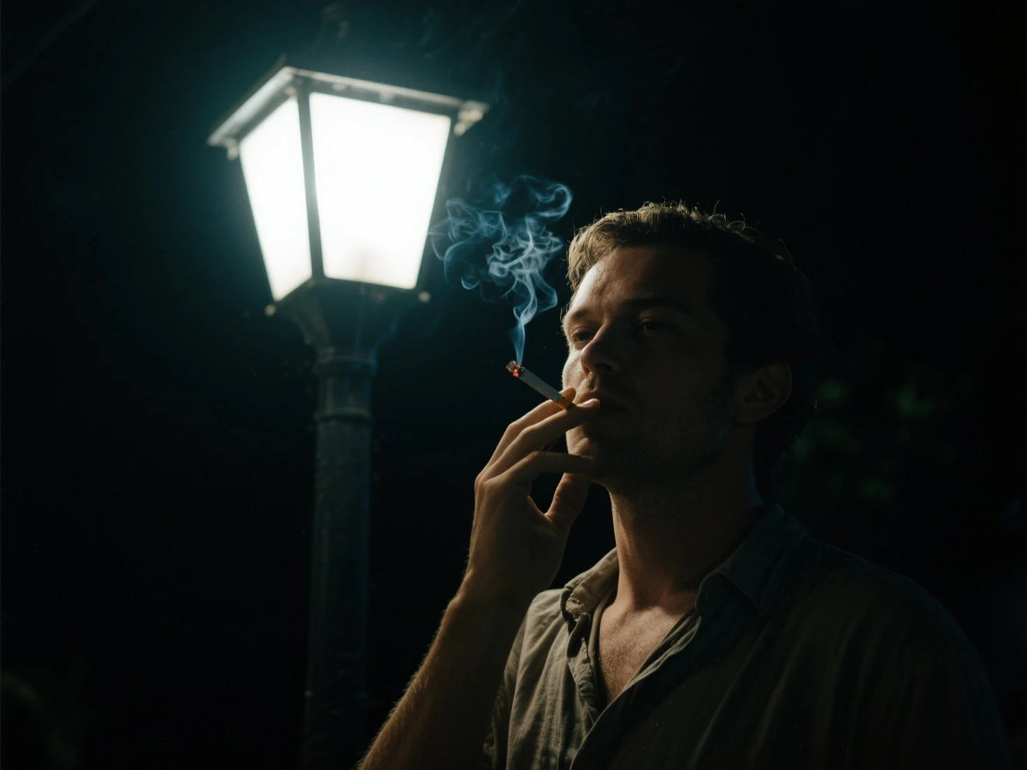 Silhouette of a man,is smoking,under the tree,the night,moonlight,long hair in a bun,full of loneliness,realism