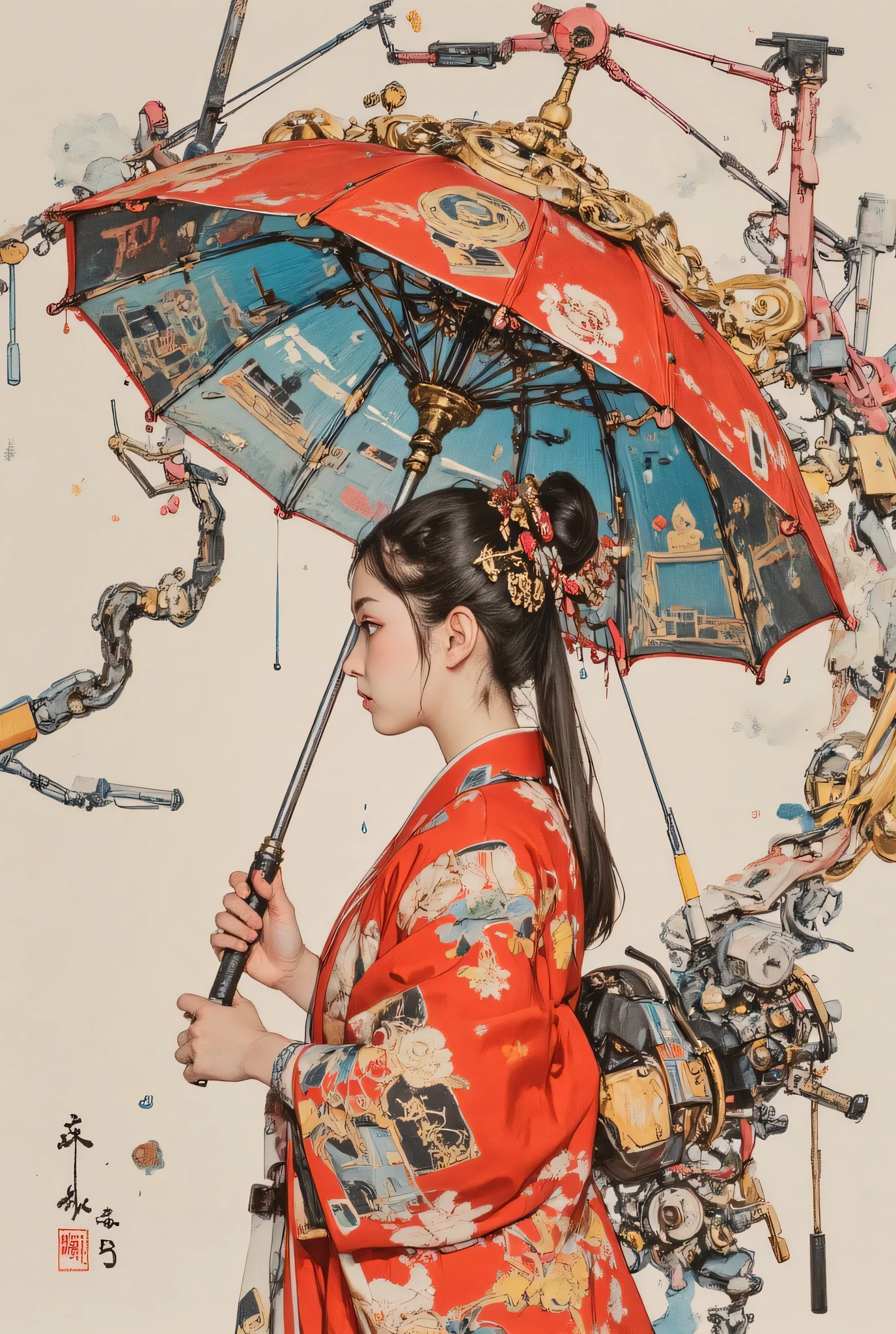 サイバーパンク風サイケデリックなumbrellaを構えて視聴者に微笑見ながら振り返る少女、Raindrops that shine brightly in rainbow colors、乱舞する虹色のumbrella、umbrella、Create a Very Old Picture, 波紋が綺麗なumbrella、beautiful girl、ponytail, Inspired by Utagawa Kuniyoshi、super detailed painting, Ukiyo-e, Niche art aesthetic ,biomechanics details , Mixing with Cyberpunk Organic Matter , with dynamic compositions, Extremely visionary art ,Focus on Highly Detailed Illustrations of , Detailed steampunk illustrations, Niche , Detailed Cyberpunk 、 pencil drawing、