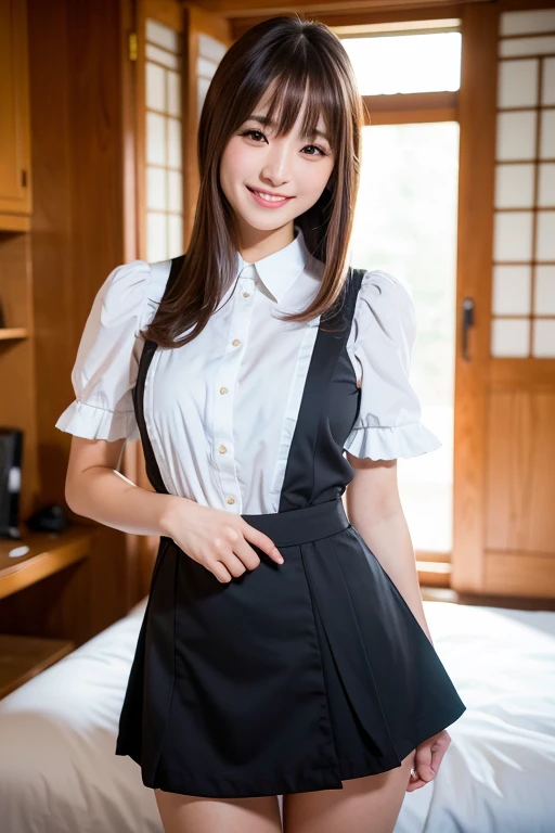 ((masterpiece))、((Highest quality))、photograph、reality、High resolution、Advanced Depth of Field、become close、Realistic lighting、secretary、((Early teens:1.5))、((Young face:1.5))、((Primary school students:1.5))、(Short)、Delicate facial features、Realistic background and accessories、(Big and ample breasts:1.2)、Sexy lips、bed、Wide Shot、Thighs、(smile:1.3)、Emphasize the weight, soft, Round Breasts、whole body、(Waitress Uniform:1.5)