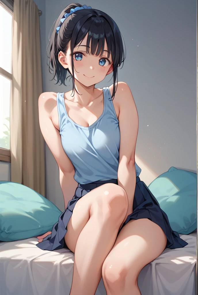 masterpiece、Highest image quality、ultra high resolution、NSFW、big breasted elementary school girl、short hair、red face、shyly、mock、Please open your mouth just a little、White tank top that shows the chest for elementary school girls、Lounge shorts for elementary school girls、sitting on the sofa、In the living room